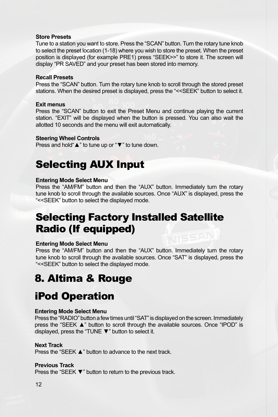 Selecting aux input, Altima & rouge ipod operation | Peripheral Electronics MEDIA GATEWAY PXAMG PGHNI2 User Manual | Page 14 / 34