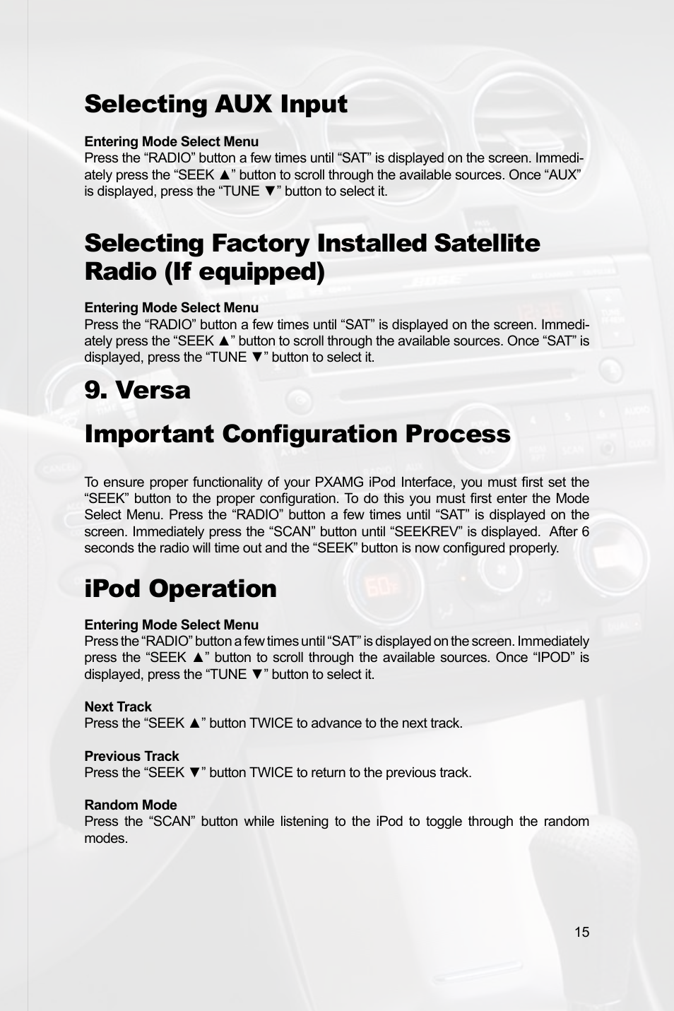 Versa important configuration process, Ipod operation, Selecting aux input | Peripheral Electronics MEDIA GATEWAY PXAMG PGHNI2 User Manual | Page 17 / 34