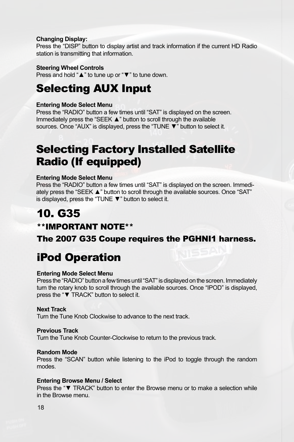 Selecting aux input, Ipod operation | Peripheral Electronics MEDIA GATEWAY PXAMG PGHNI2 User Manual | Page 20 / 34