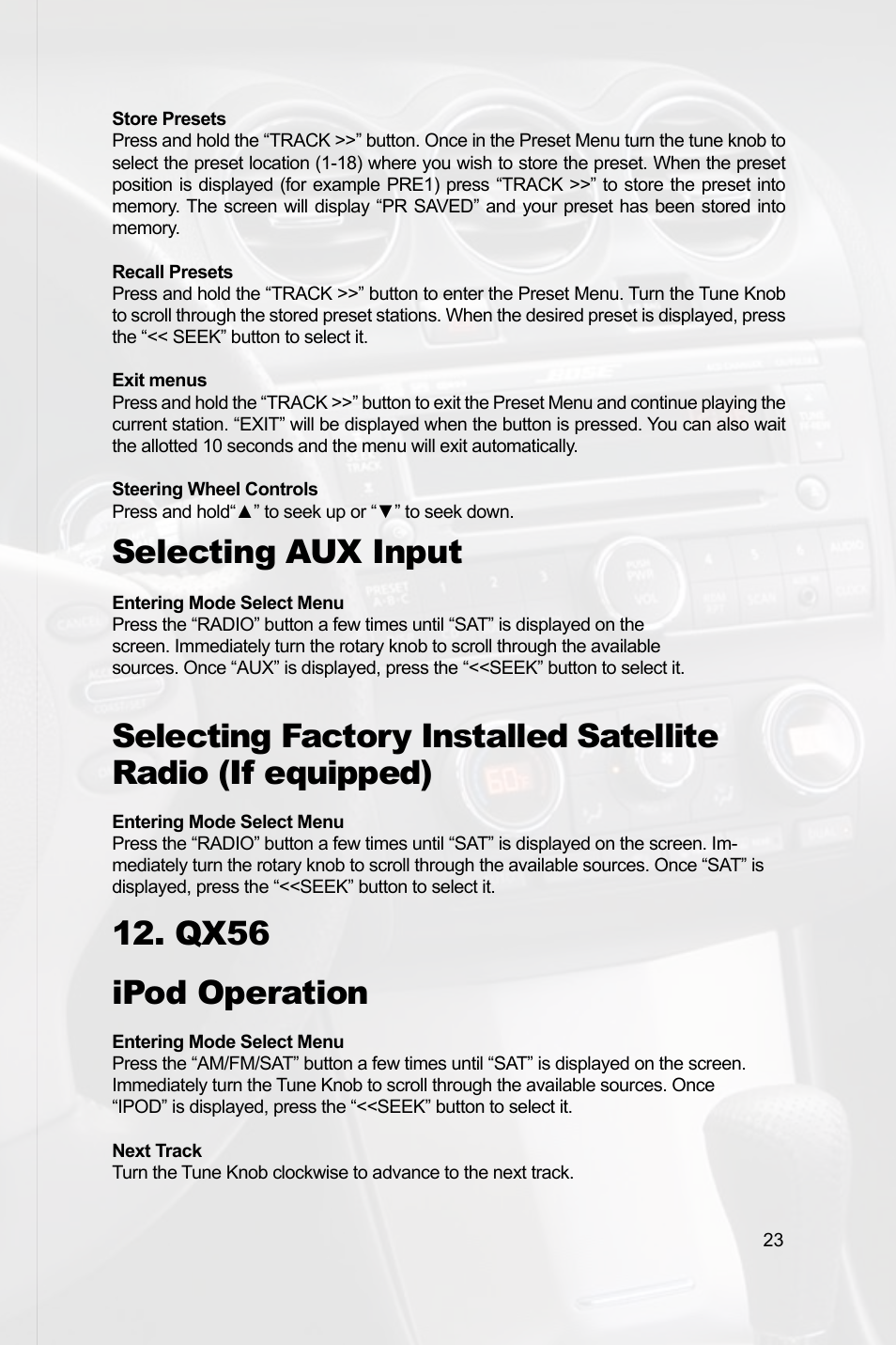Selecting aux input, Qx56 ipod operation | Peripheral Electronics MEDIA GATEWAY PXAMG PGHNI2 User Manual | Page 25 / 34