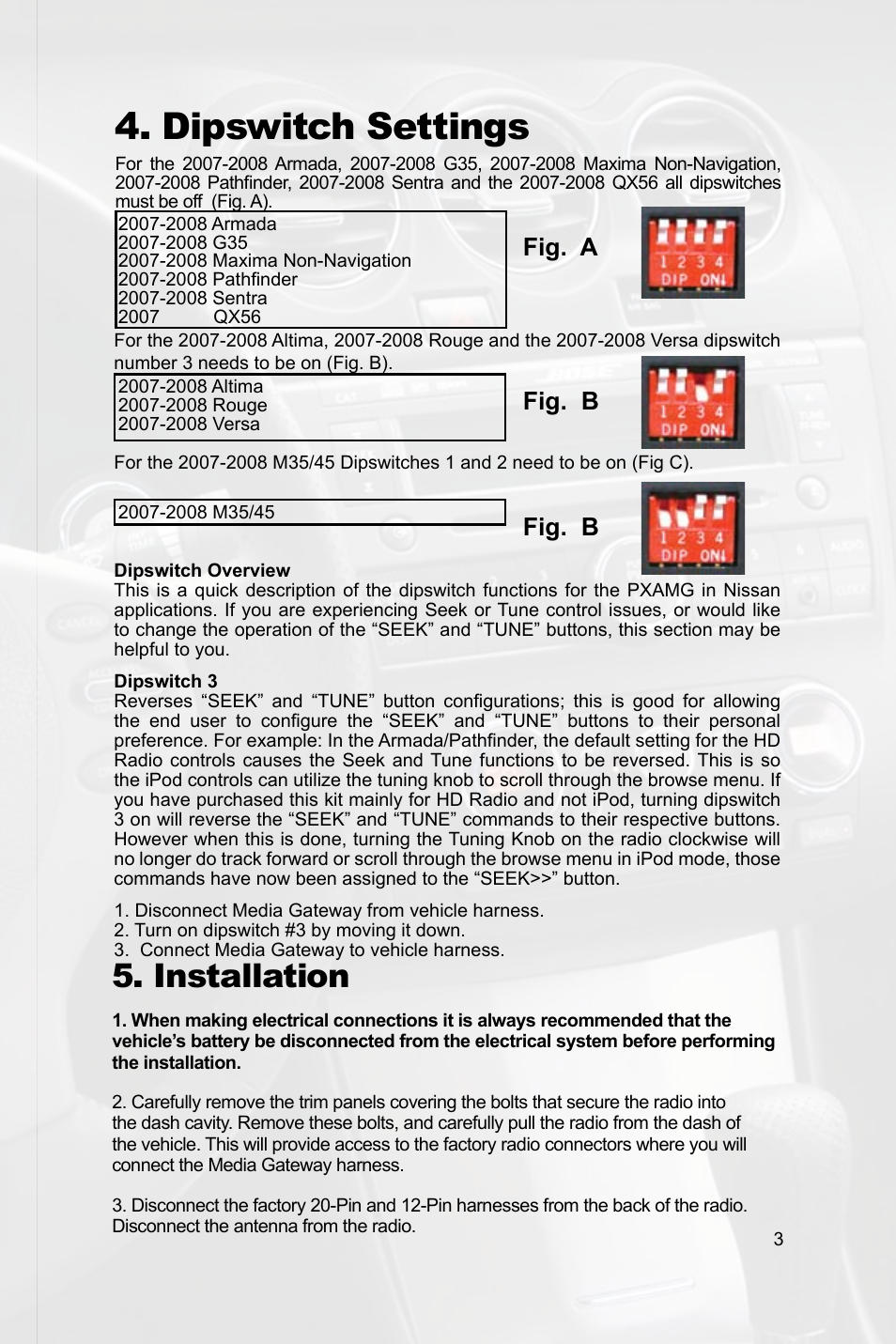 Dipswitch settings, Installation, Fig. a fig. b | Fig. b | Peripheral Electronics MEDIA GATEWAY PXAMG PGHNI2 User Manual | Page 5 / 34