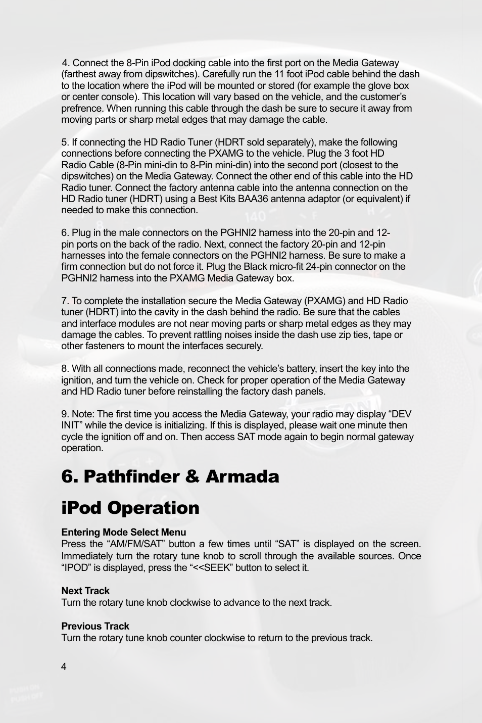 Pathfinder & armada ipod operation | Peripheral Electronics MEDIA GATEWAY PXAMG PGHNI2 User Manual | Page 6 / 34