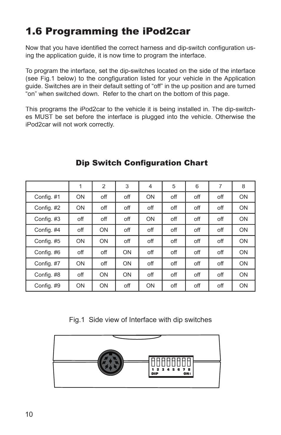 6 programming the ipod2car, Dip switch conﬁ guration chart, Top view | Fig.1 side view of interface with dip switches | Peripheral Electronics iPod2car User Manual | Page 12 / 20