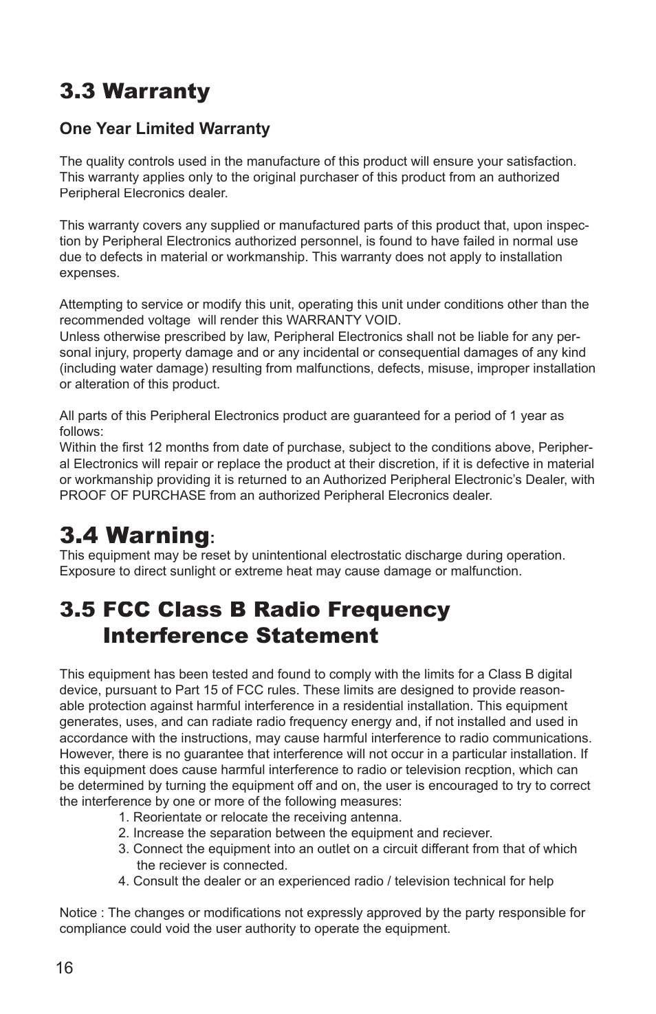 4 warning, 3 warranty, One year limited warranty | Peripheral Electronics iPod2car User Manual | Page 18 / 20