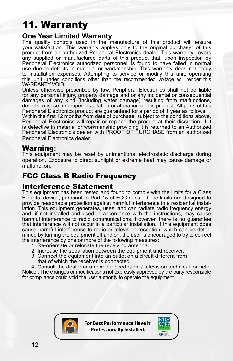Warranty, One year limited warranty, Warning | Fcc class b radio frequency interference statement | Peripheral Electronics PGHHD1 User Manual | Page 14 / 16