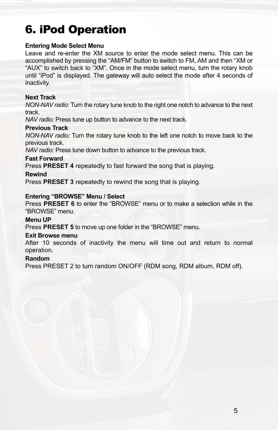 Ipod operation | Peripheral Electronics PGHHD1 User Manual | Page 7 / 16