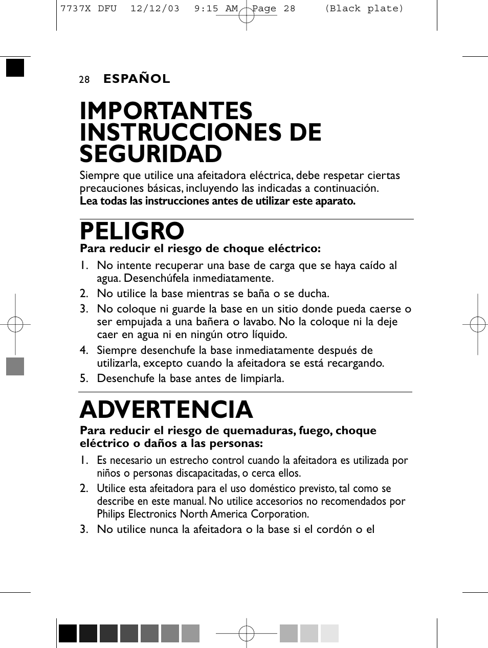 Importantes instrucciones de seguridad, Peligro, Advertencia | Philips Norelco 7737X User Manual | Page 27 / 51