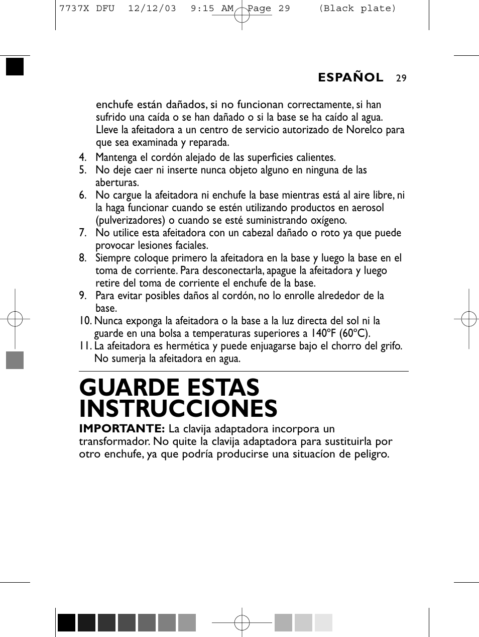 Guarde estas instrucciones | Philips Norelco 7737X User Manual | Page 28 / 51