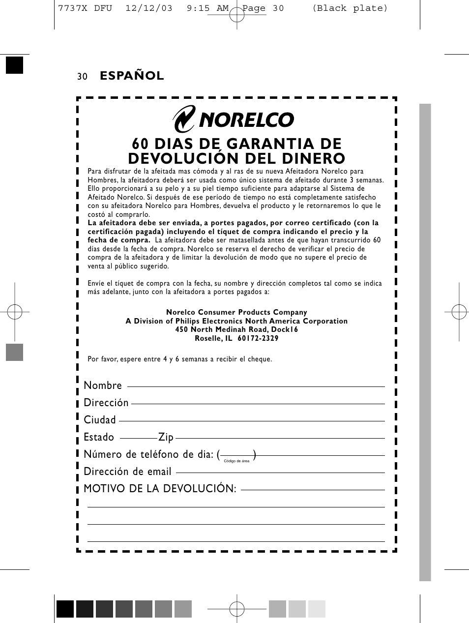 60 dias de garantia de devolución del dinero, Español | Philips Norelco 7737X User Manual | Page 29 / 51