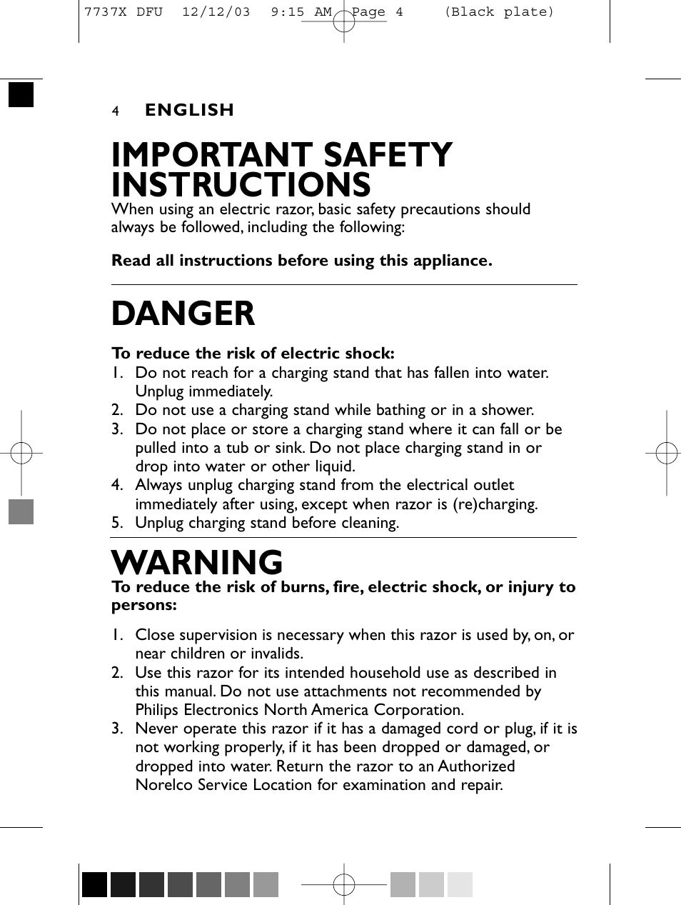 Important safety instructions, Danger, Warning | Philips Norelco 7737X User Manual | Page 3 / 51