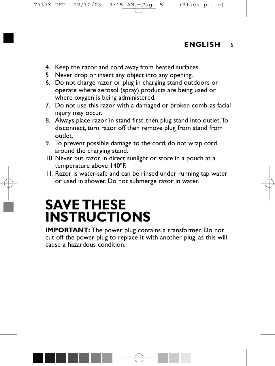 Save these instructions | Philips Norelco 7737X User Manual | Page 4 / 51