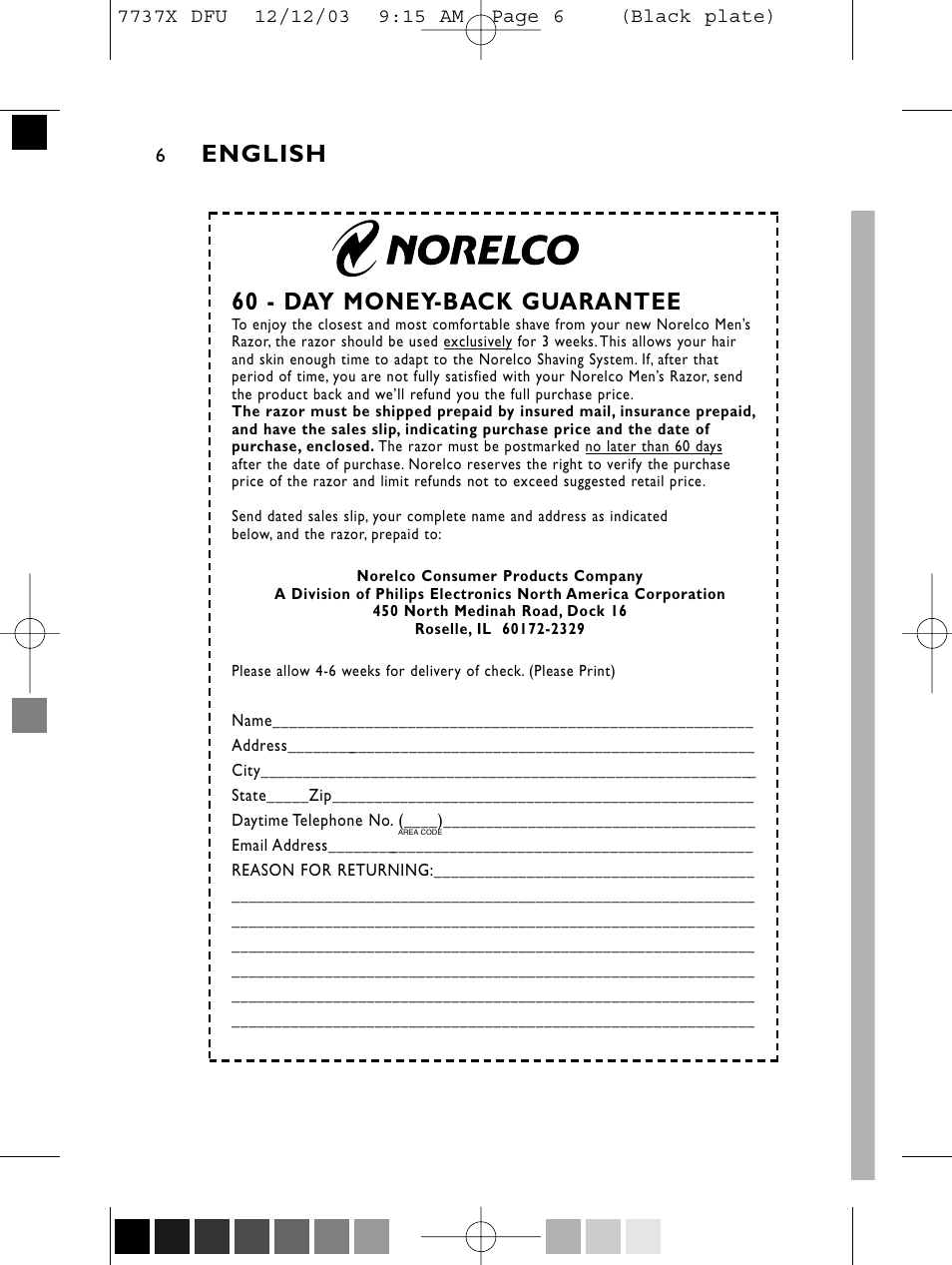 English, 60 - day money-back guarantee | Philips Norelco 7737X User Manual | Page 5 / 51