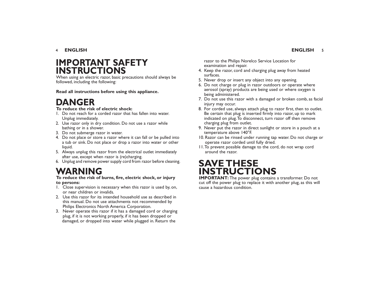 Important safety instructions, Danger, Warning | Save these instructions | Philips Norelco 7145XL User Manual | Page 3 / 11