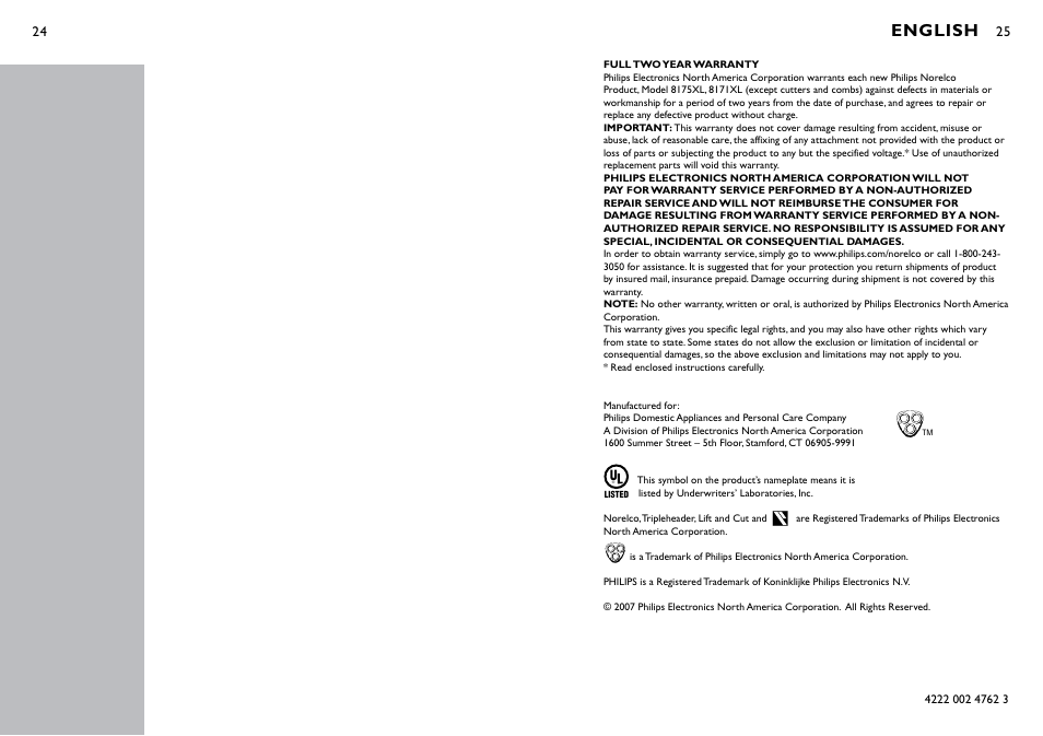 English | Philips Norelco SPEED-XL 8175XL User Manual | Page 13 / 13