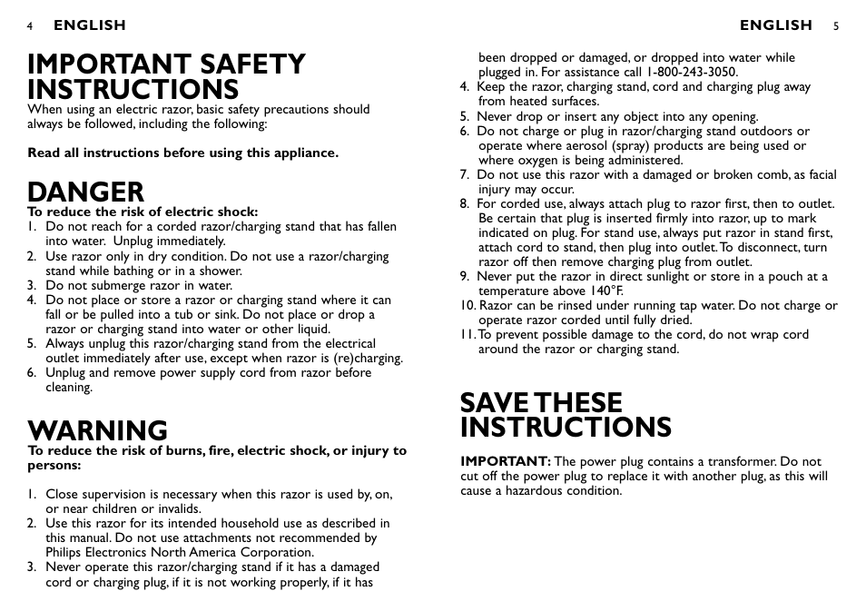Save these instructions, Important safety instructions, Danger | Warning | Philips Norelco SPEED-XL 8175XL User Manual | Page 3 / 13