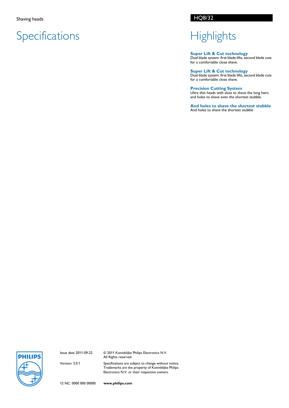 Specifications, Highlights, Hq8/32 | Philips Norelco HQ8/32 User Manual | Page 2 / 2