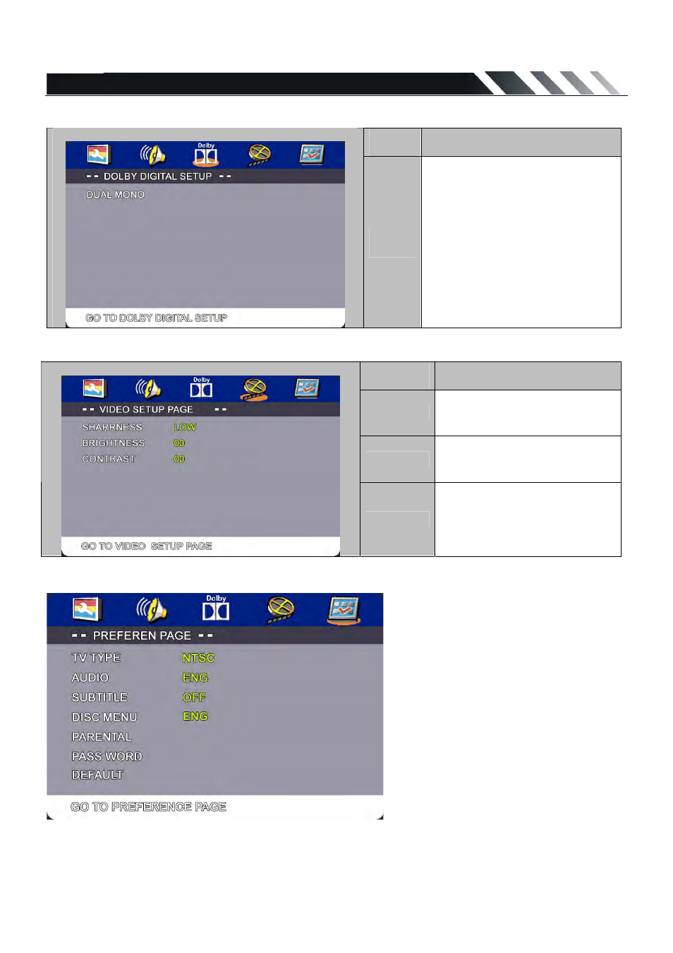 Dolby settings, Video settings, Preference settings | Power Acoustik PADVD-220 User Manual | Page 19 / 24