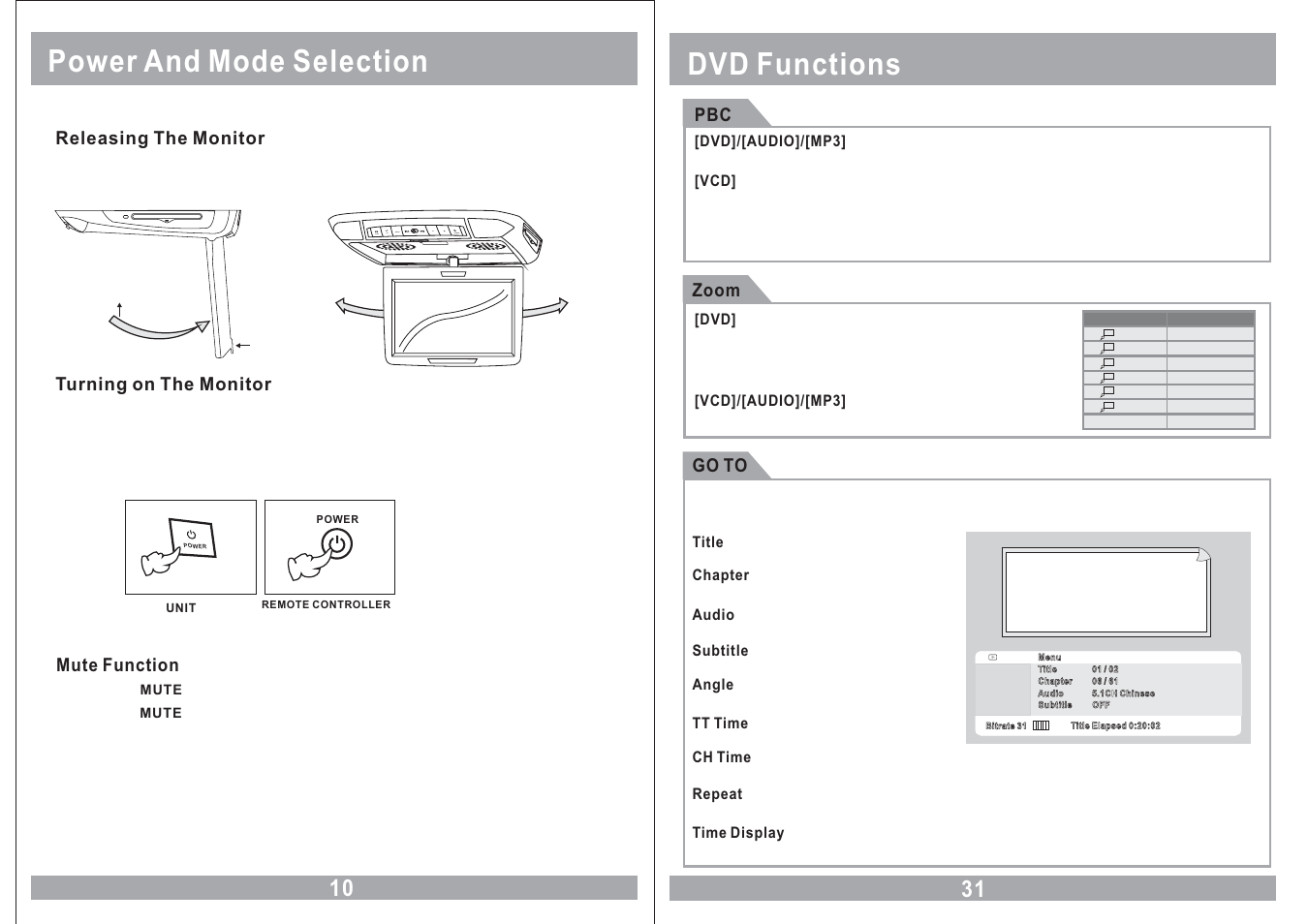Power and mode selection, Dvd functions, Mplay av menu power | Power Acoustik 11.2 TFT-LCD PMD-112CMX User Manual | Page 10 / 22