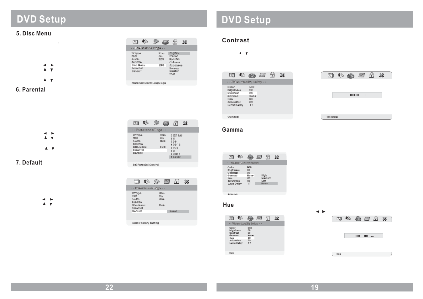 Dvd setup, Contrast, Disc menu | Parental, Default, Gamma hue | Power Acoustik 11.2 TFT-LCD PMD-112CMX User Manual | Page 19 / 22