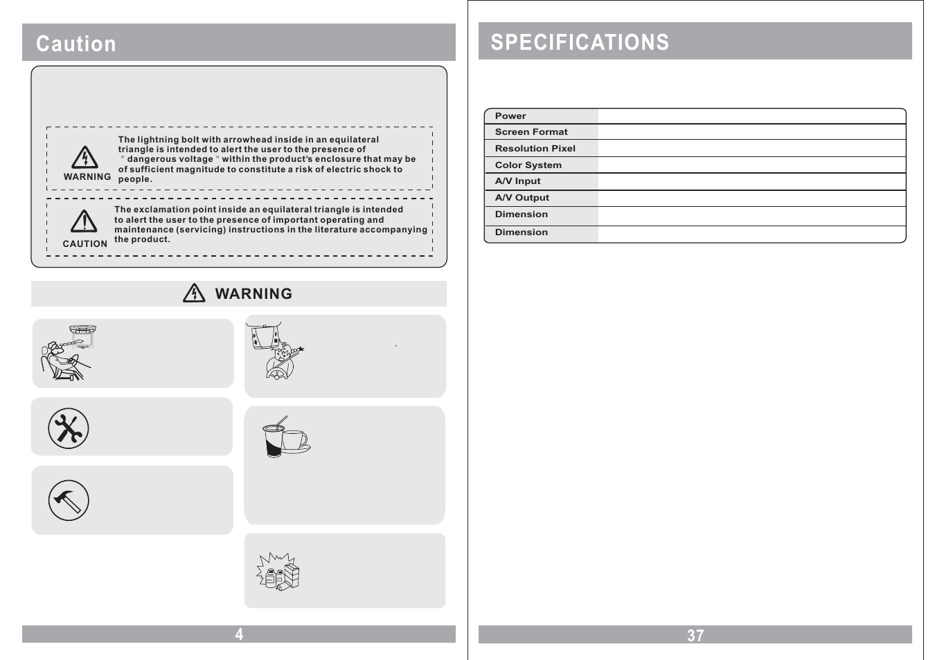 Caution, Specifications, Warning | Power av menu | Power Acoustik 11.2 TFT-LCD PMD-112CMX User Manual | Page 4 / 22