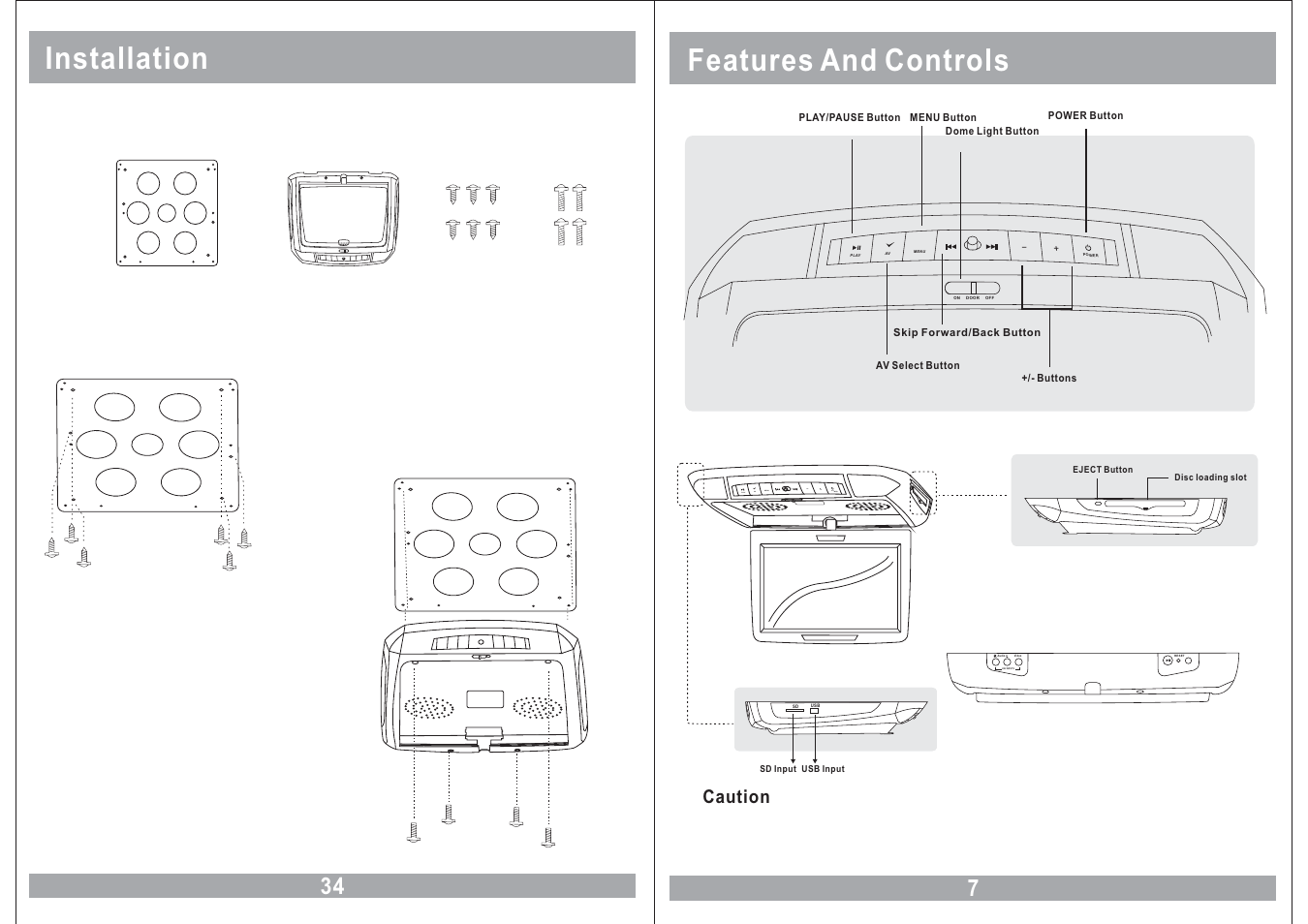Features and controls, Installation, Mplay av menu power | Av2 inputs, Caution | Power Acoustik 11.2 TFT-LCD PMD-112CMX User Manual | Page 7 / 22