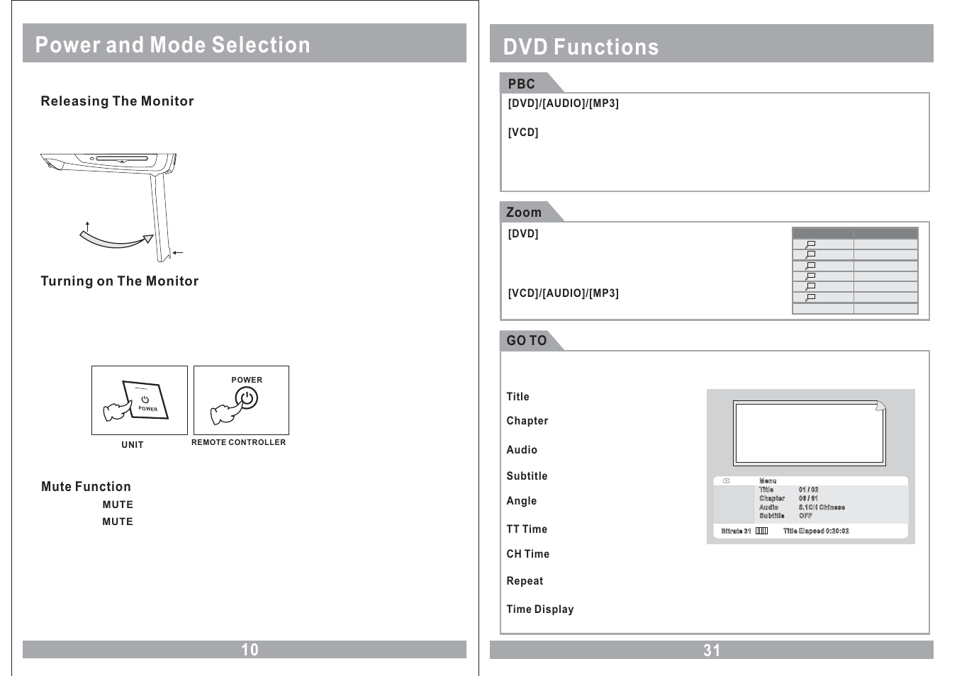 Power and mode selection, Dvd functions, Zoom | Go to, Mute function, Releasing the monitor, Turning on the monitor | Power Acoustik PMD-121CMX User Manual | Page 10 / 22