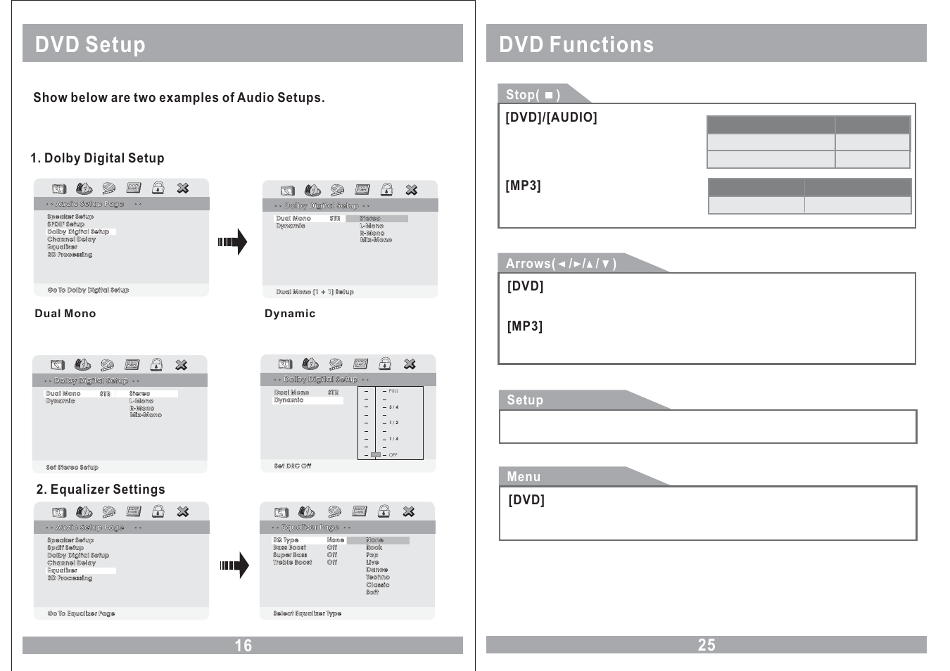 Dvd setup, Dvd functions, Dolby digital setup | Show below are two examples of audio setups, Equalizer settings, Stop( ), Dvd]/[audio, Mp3] menu, Arrows( / / / ), Setup | Power Acoustik PMD-121CMX User Manual | Page 16 / 22