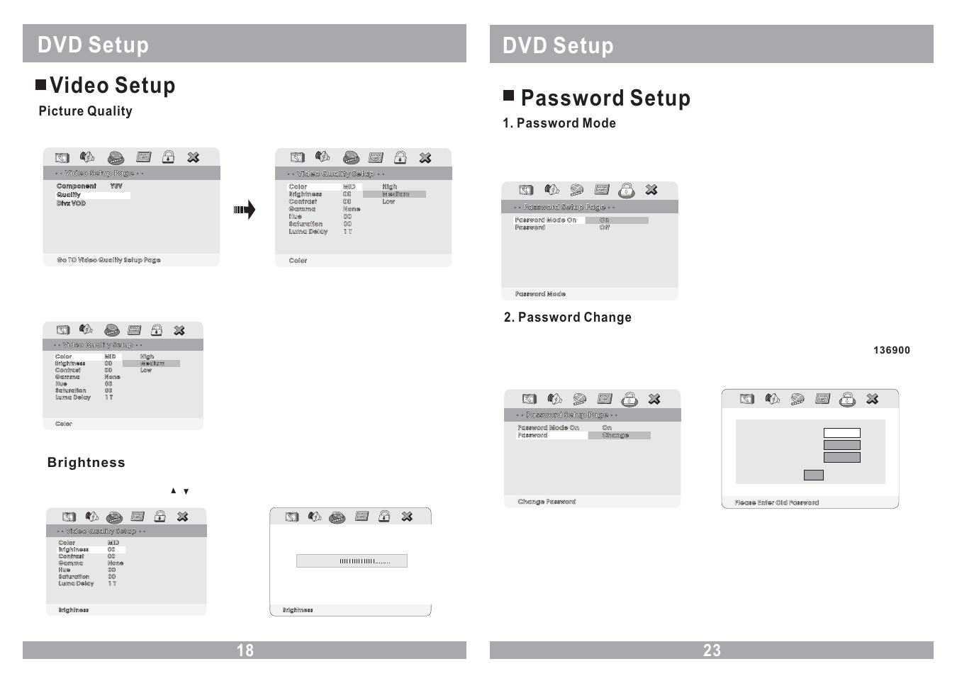 Dvd setup video setup, Dvd setup password setup, Picture quality | Password mode, Password change, Brightness | Power Acoustik PMD-121CMX User Manual | Page 18 / 22