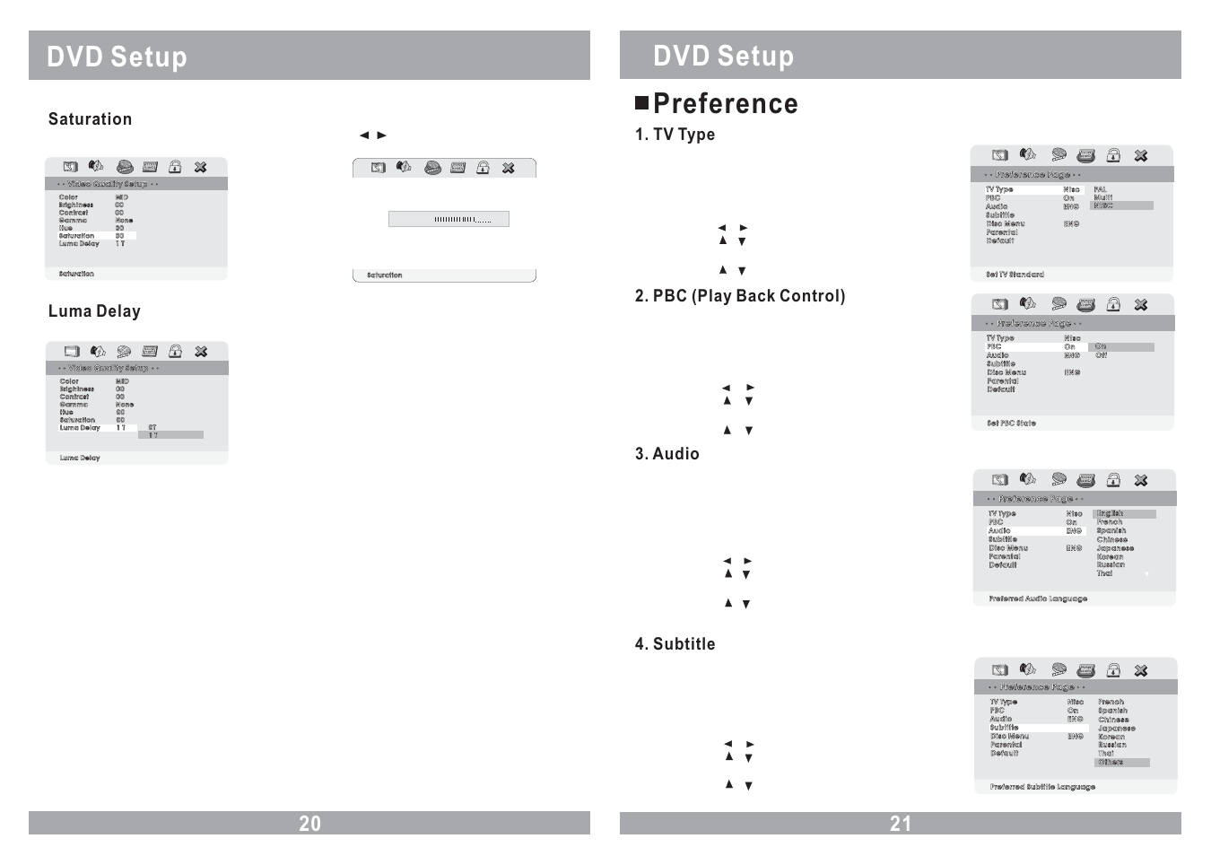 Dvd setup, Dvd setup preference, Saturation | Luma delay, Tv type, Pbc (play back control), Audio, Subtitle | Power Acoustik PMD-121CMX User Manual | Page 20 / 22