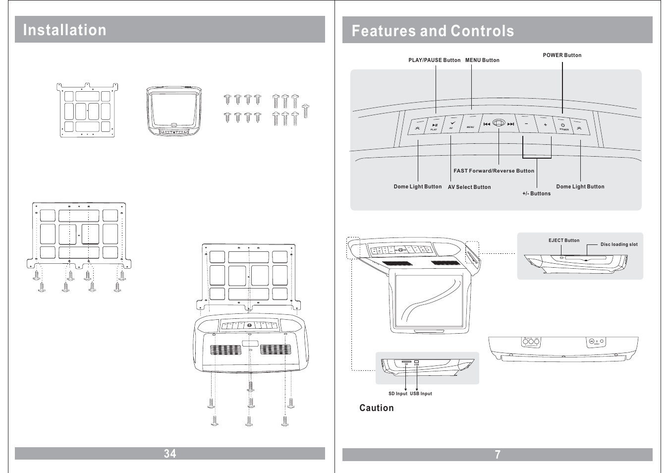 Features and controls, Installation, Mplay av menu power | Audio video av2 inputs, Caution | Power Acoustik PMD-121CMX User Manual | Page 7 / 22