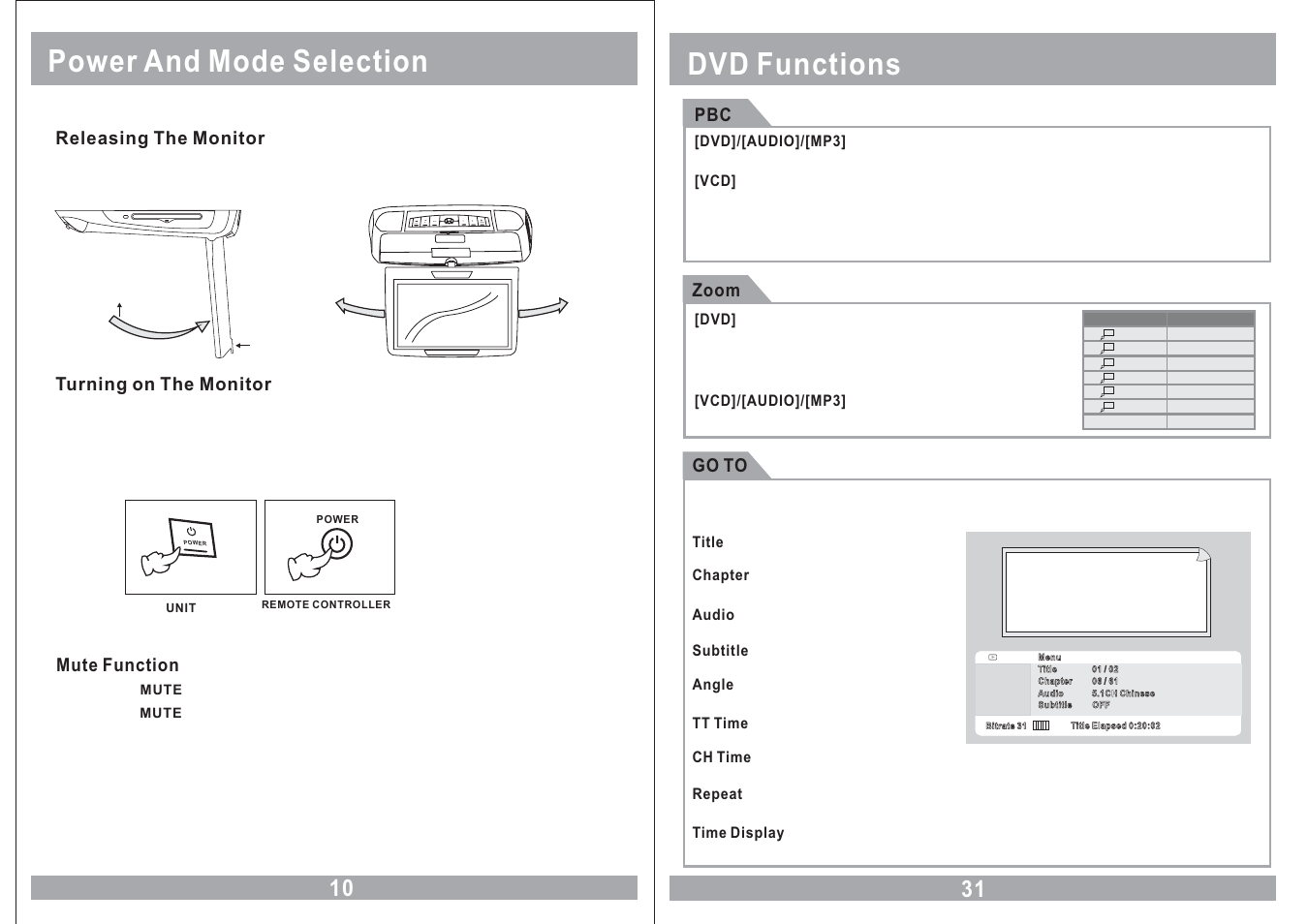 Power and mode selection, Dvd functions | Power Acoustik PMD-90CM User Manual | Page 10 / 20