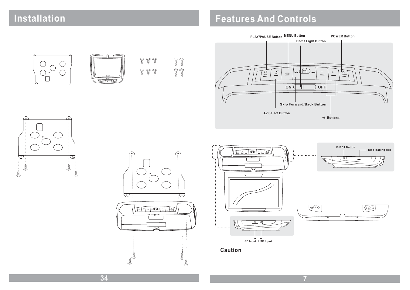 Features and controls, Installation, Av2 inputs | Power Acoustik PMD-90CM User Manual | Page 7 / 20