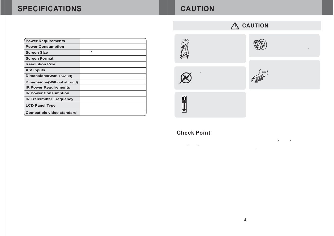 Specifications, Caution, Caution check point | Power Acoustik PT-120CM User Manual | Page 5 / 10