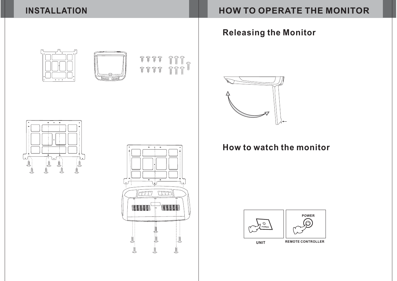 Installation, How to operate the monitor, Releasing the monitor | How to watch the monitor | Power Acoustik PT-120CM User Manual | Page 6 / 10