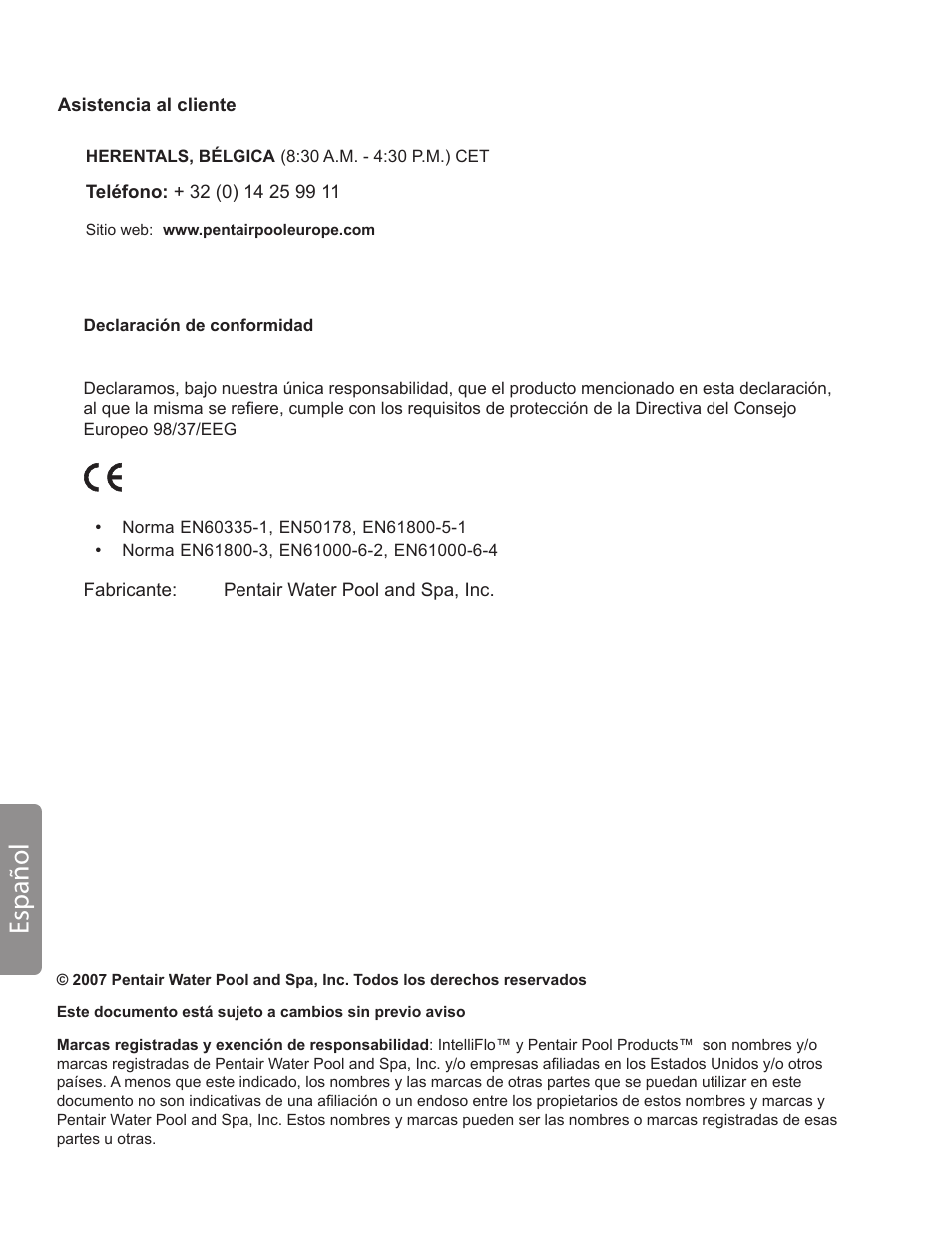 Español | Pentair INTELLIFLO VS-3050 User Manual | Page 106 / 158