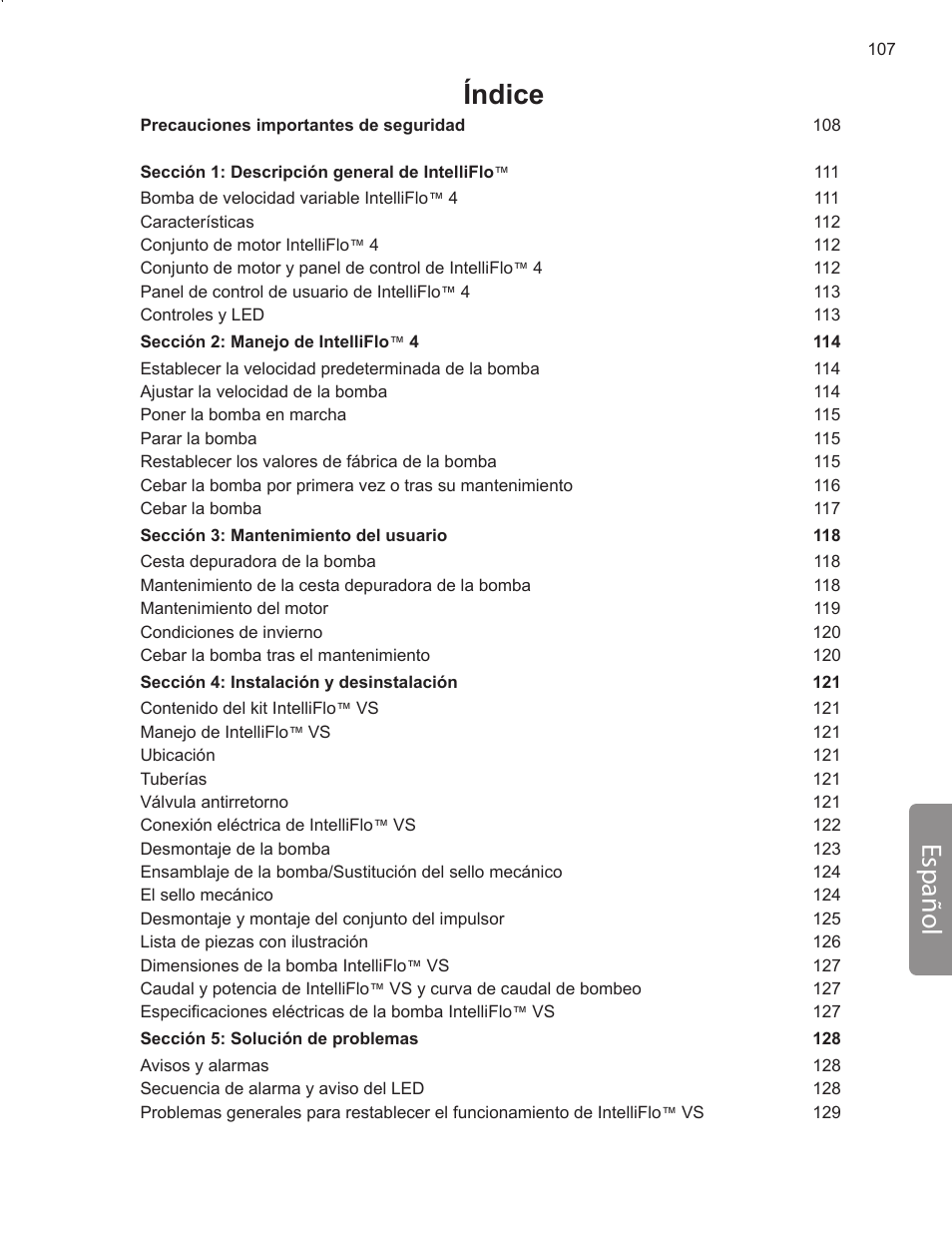 Índice español | Pentair INTELLIFLO VS-3050 User Manual | Page 107 / 158