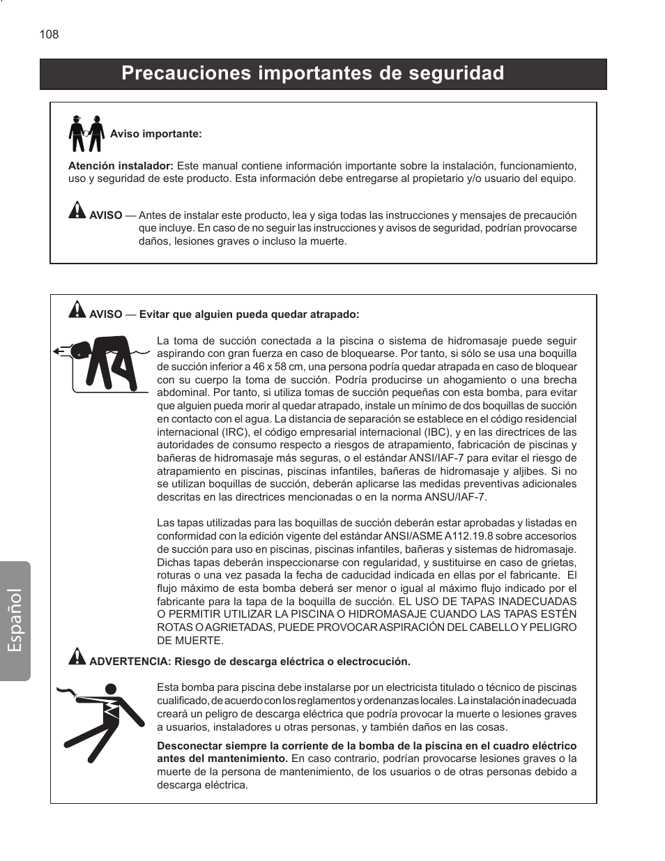 Precauciones importantes de seguridad español | Pentair INTELLIFLO VS-3050 User Manual | Page 108 / 158