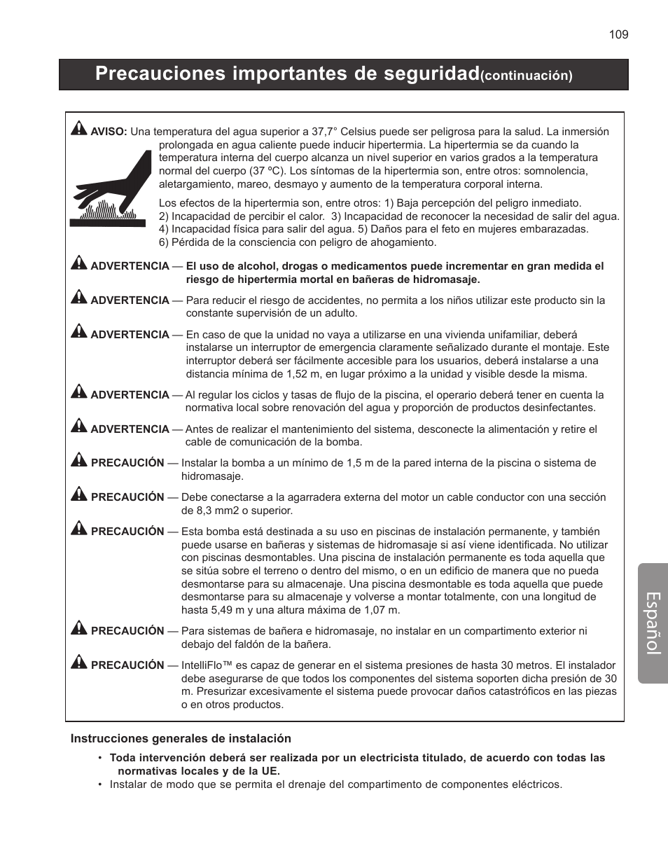 Precauciones importantes de seguridad, Español | Pentair INTELLIFLO VS-3050 User Manual | Page 109 / 158