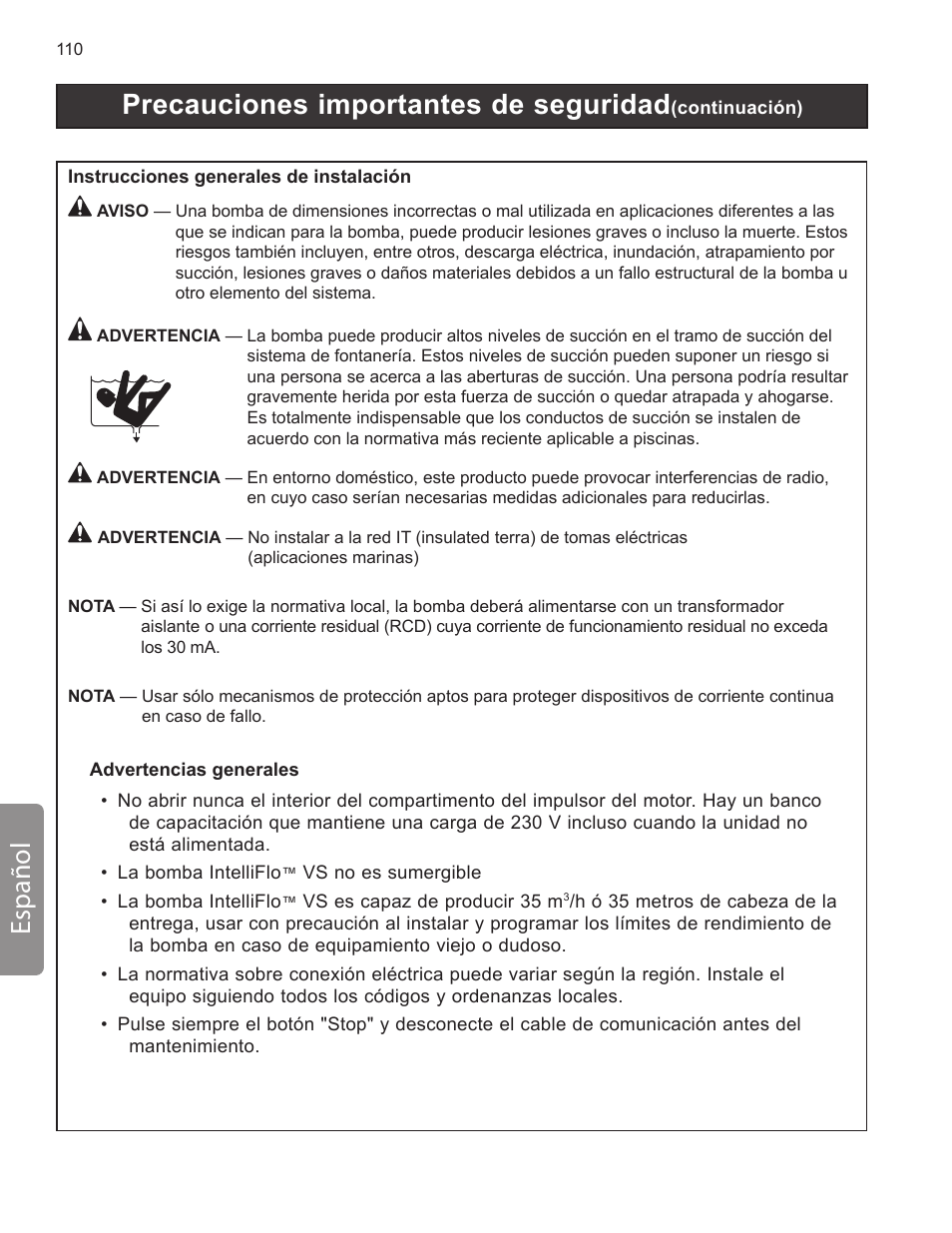 Precauciones importantes de seguridad, Español | Pentair INTELLIFLO VS-3050 User Manual | Page 110 / 158