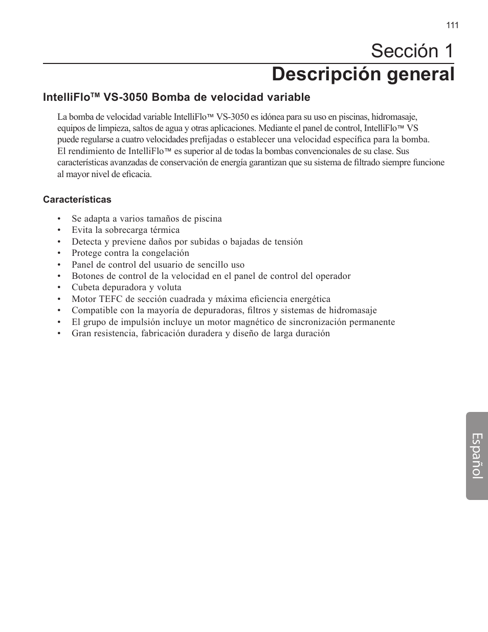Sección 1 descripción general, Español | Pentair INTELLIFLO VS-3050 User Manual | Page 111 / 158