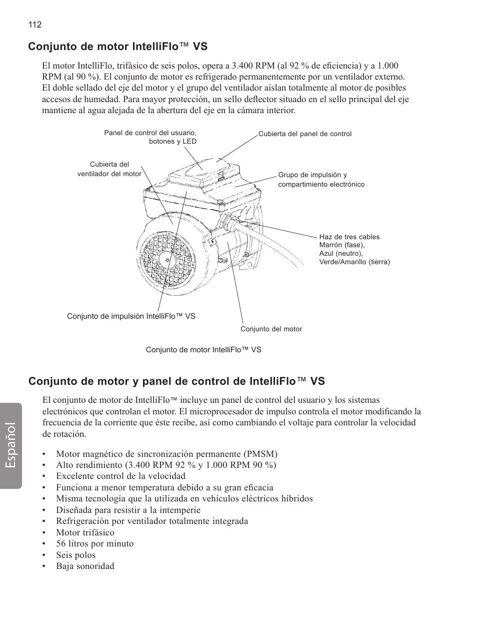 Español, Conjunto de motor intelliflo ™ vs | Pentair INTELLIFLO VS-3050 User Manual | Page 112 / 158