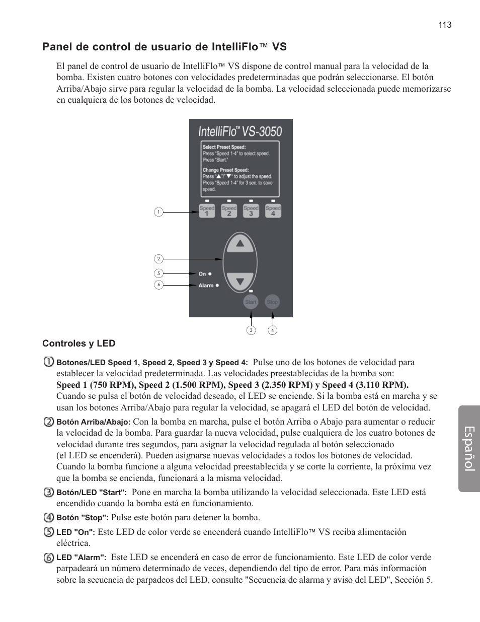 Español, Panel de control de usuario de intelliflo | Pentair INTELLIFLO VS-3050 User Manual | Page 113 / 158