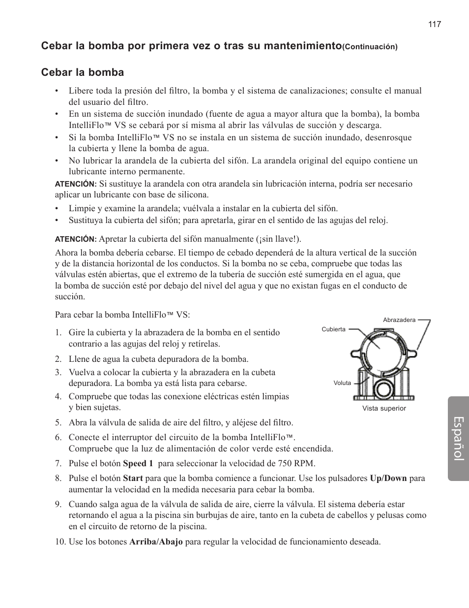 Español, Cebar la bomba | Pentair INTELLIFLO VS-3050 User Manual | Page 117 / 158