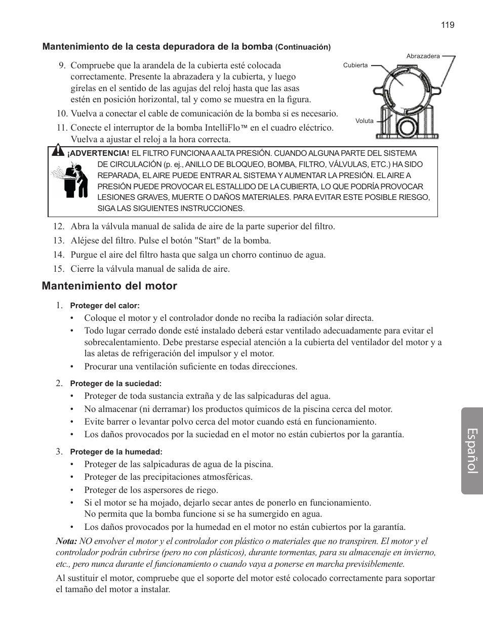 Español, Mantenimiento del motor | Pentair INTELLIFLO VS-3050 User Manual | Page 119 / 158
