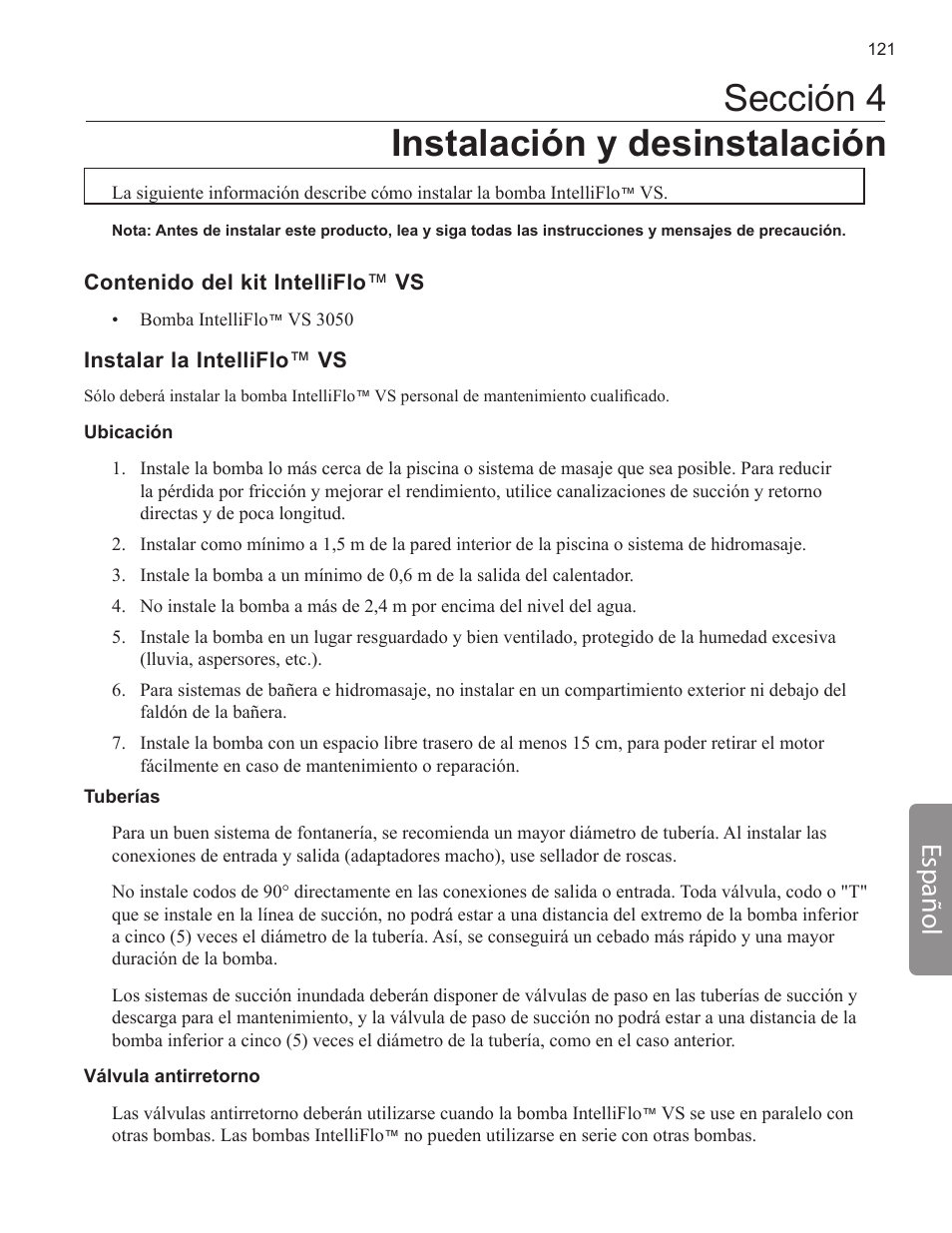 Sección 4 instalación y desinstalación, Español | Pentair INTELLIFLO VS-3050 User Manual | Page 121 / 158