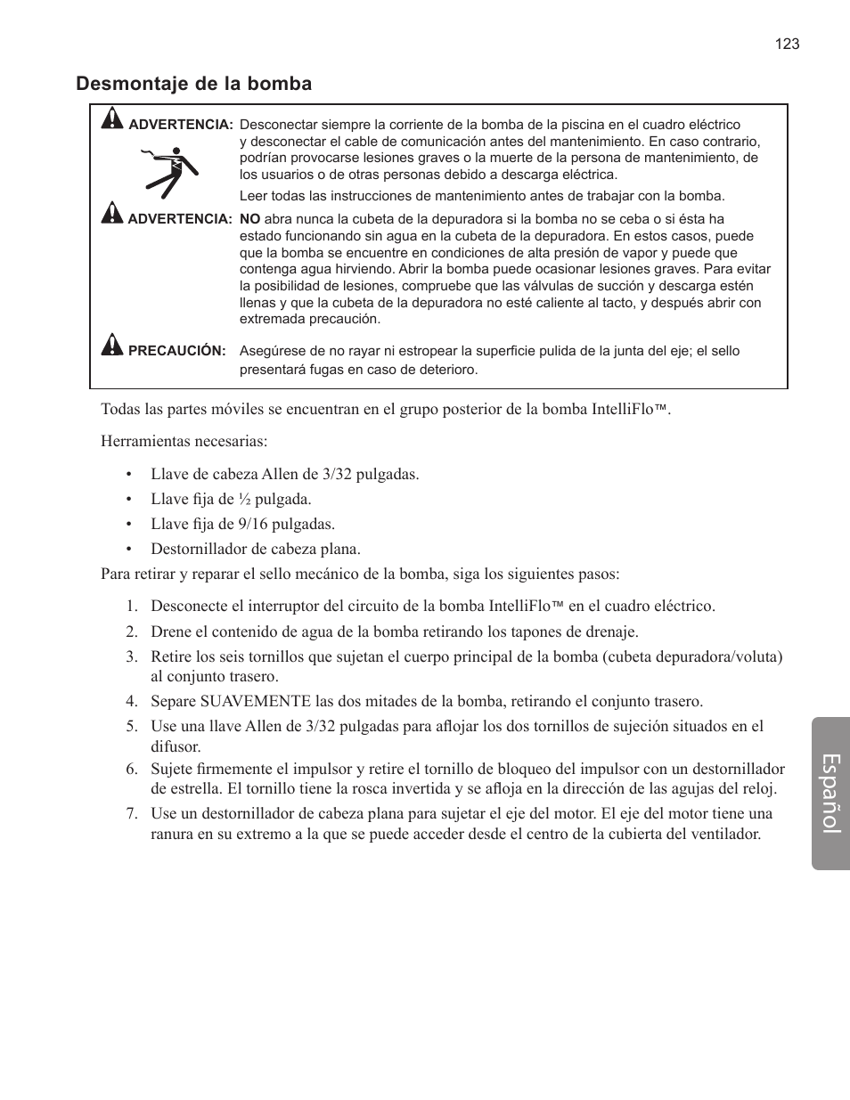 Español, Desmontaje de la bomba | Pentair INTELLIFLO VS-3050 User Manual | Page 123 / 158