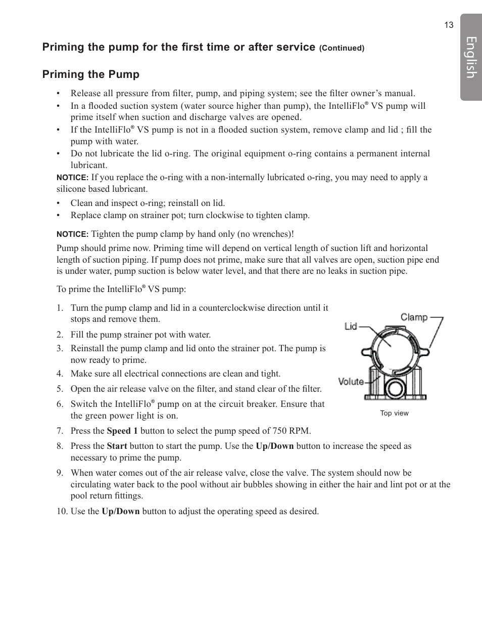 English, Priming the pump | Pentair INTELLIFLO VS-3050 User Manual | Page 13 / 158