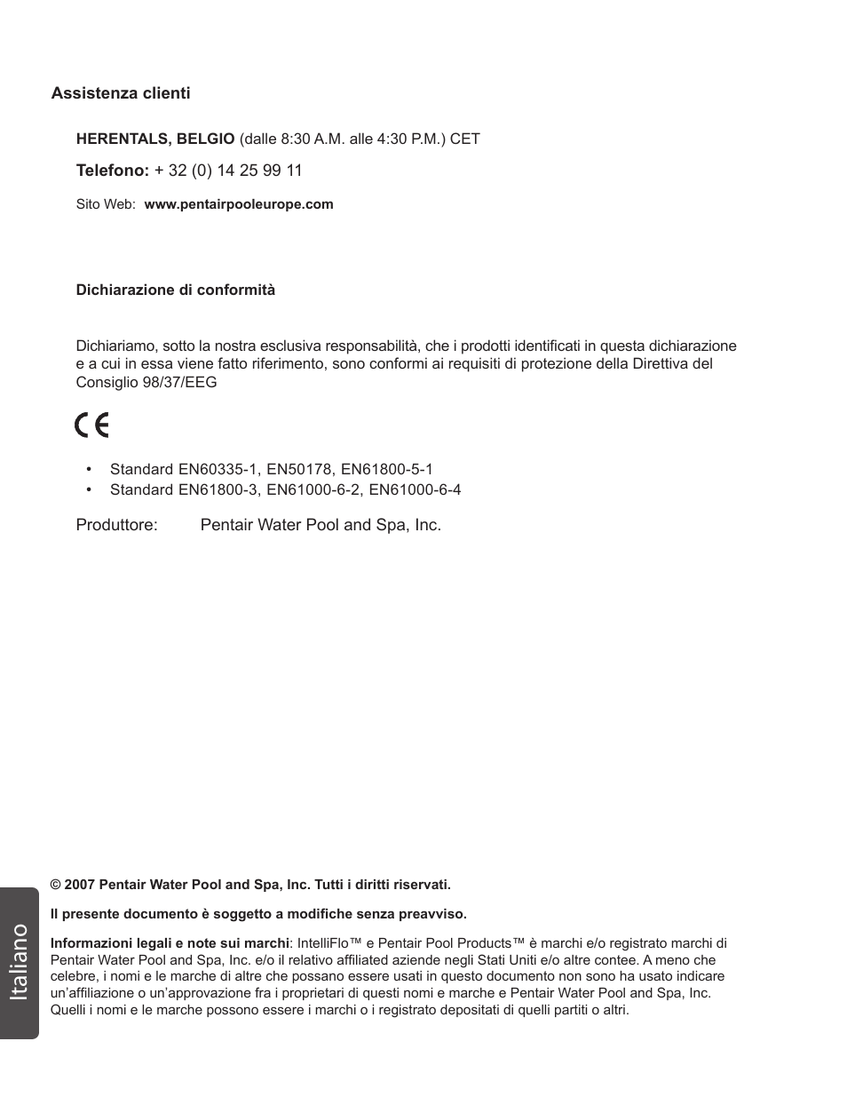 Italiano | Pentair INTELLIFLO VS-3050 User Manual | Page 132 / 158
