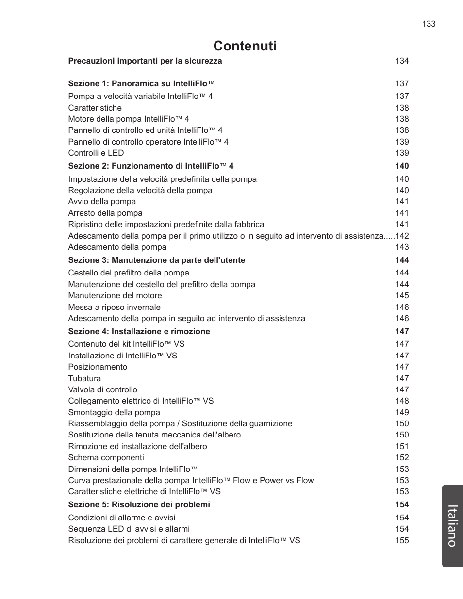 Contenuti italiano | Pentair INTELLIFLO VS-3050 User Manual | Page 133 / 158