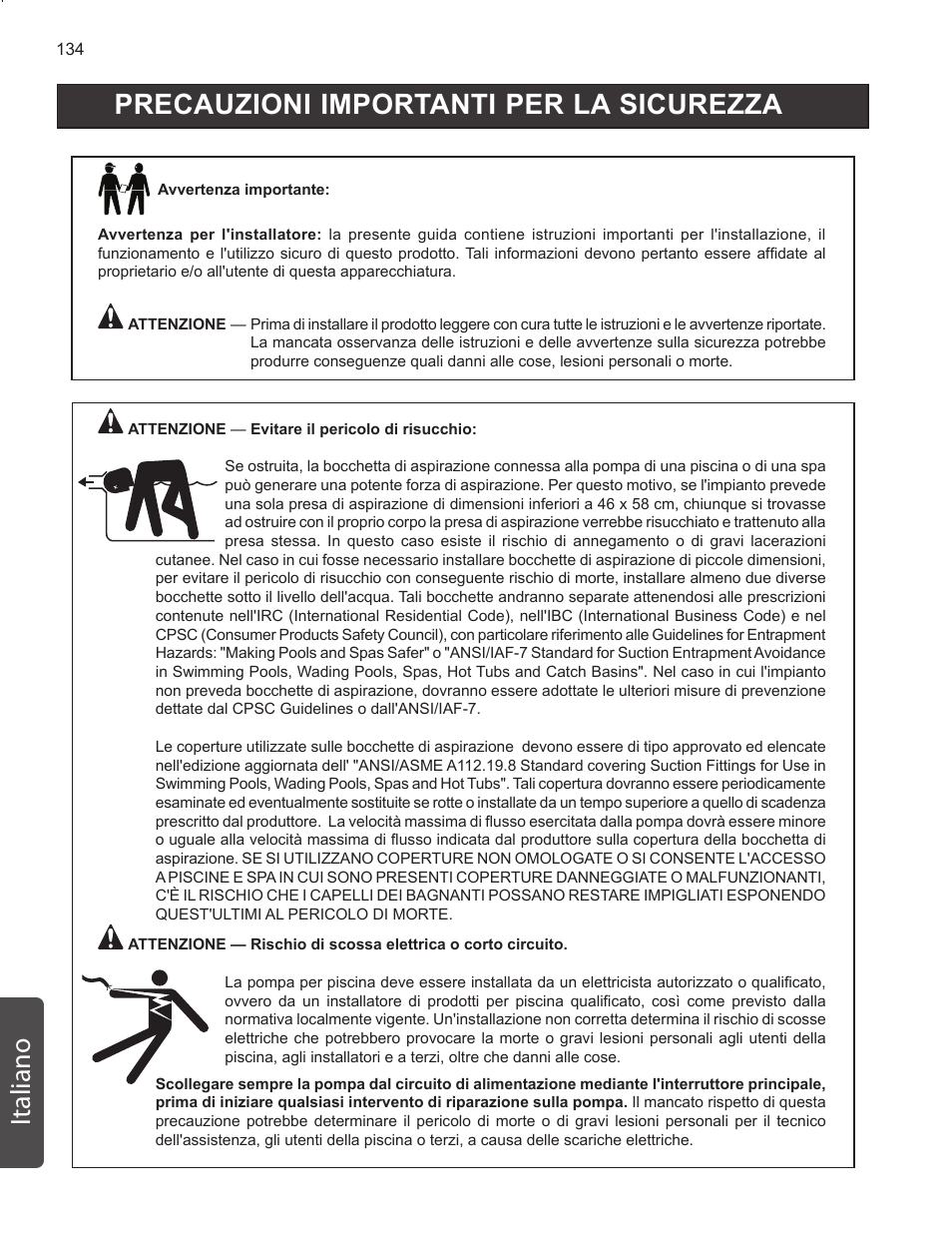 Precauzioni importanti per la sicurezza italiano | Pentair INTELLIFLO VS-3050 User Manual | Page 134 / 158